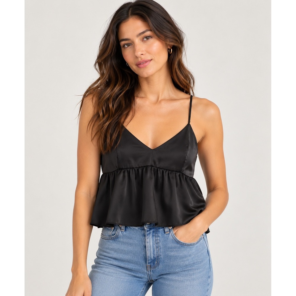 Wilfred Lover Satin Camisole Black V-Neck Peplum Crop Top Size S 94488